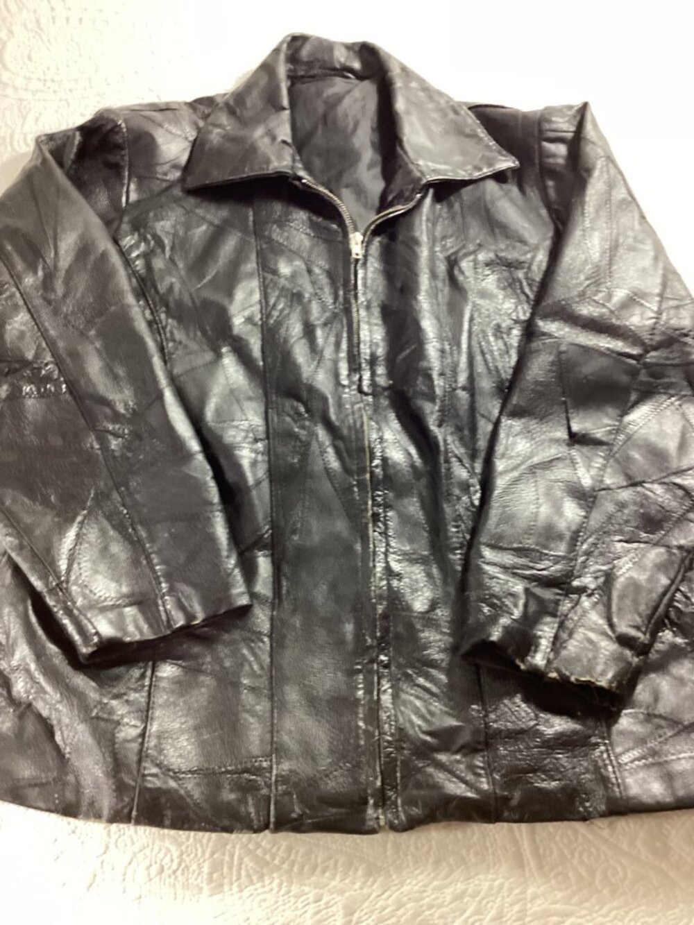 Vintage Distressed Patchwork Black Leather Jacket*Zipper Closure Collared Design